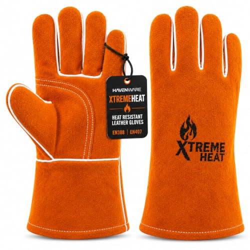 HAVENWARE Heat Resistant Gloves for Log Burner & Wood Burning Stove – XtremeHeat Leather Fireside Gauntlets for BBQ, Fire Pit & Pizza Oven – EN388 & EN407 Certified