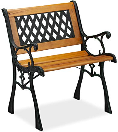 Relaxdays Gartenstuhl mit Armlehne, belastbar, niedrig, Vintage-Design, Holz & Gusseisen, 73x62x 52,5 cm, Natur-schwarz