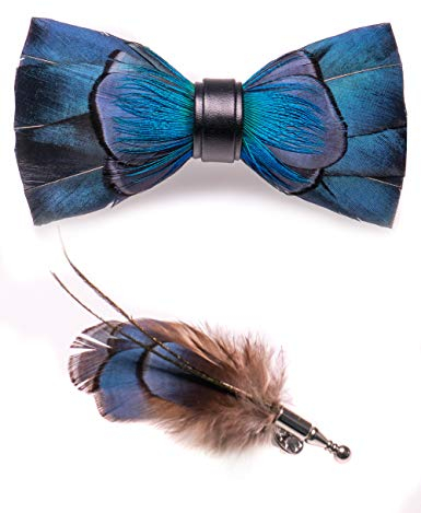 JEMYGINS Handgemacht Hochzeit Party Leder Feder Fliege Blau 2 Fliegen mit Geschenkbox Set für Herren In mehreren Farben(29)