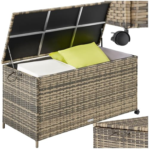 tectake® Box Contenitore da Esterno, Mobile da Giardino con Intreccio in Polyrattan, Telaio in Alluminio, Coperchio Rinforzato, Pratica Maniglia, Rotelle Girevoli, 117x54x64cm, 297 L - Naturale