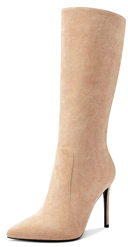 Aachcol Femmes Mi Mollet Bottes Aiguille Haut High Talon Heel Fermé Pointu Bout Fermeture à Glissière Classique 10 CM Beige Suède 39 EU