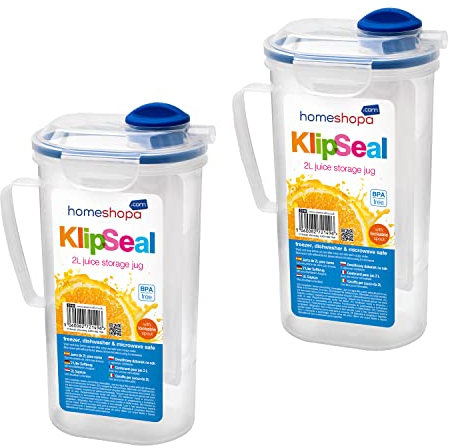 Homeshopa – Lot de 2 carafes à eau rectangulaires en plastique sans BPA avec couvercle à rabat, anti-fuite et hermétique, pour porte de réfrigérateur, 2 litres, transparent/bleu