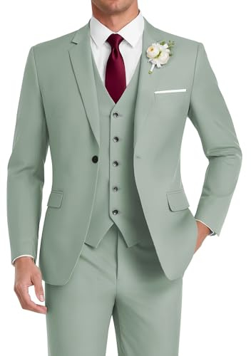HUUTOE Costume 3 pièces élégant pour Mariage, Bal de Fin d'année, Affaires, Blazer à Un Bouton, Veste Gilet et Pantalon, Smoking, pour Homme, Personnalisable, Vert grisé, Taille M