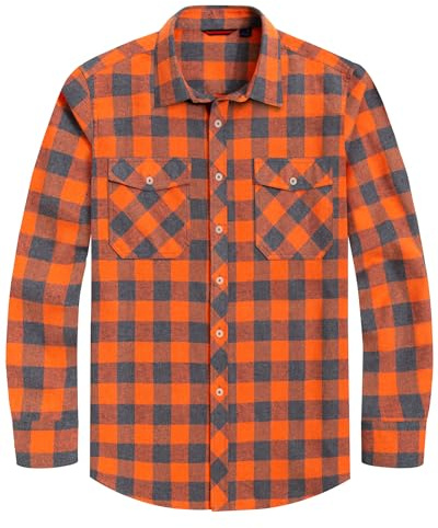 J.VER Flannel Shirt Men Checked Lumberjack Cotton Long Sleeve Button Down Casual Work Warm Winter Shirts with Pocket Orange M