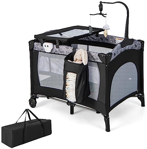 DREAMADE 4-in-1 Reisebett Baby, Faltbar & Tragbar Babybett mit Rollen & Matratze & Wickelauflage & Spieluhr, 102 x72cm Beistellbett Baby 0-36 Monate (Grau)