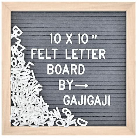 GAJIGAJI Felt Letter Board with 294 Letters, Numbers, Symbols - 10x10 inch Changeable Message Board with Wooden Frame Wall Mount (Grey)