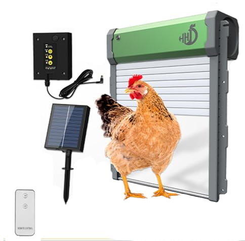 Automatische Hühnerklappe, Solar Elektrische Hühnerklappe mit Lichtsensor & Timer & Fernbedienung,Rolltor Hühnerklappe Automatische Hühnerstalltür,Intelligenter Einklemmschutz