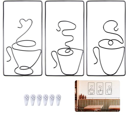 jinminamz Wanddeko Metall, Metallbilder Wanddeko Wall Decoration Aesthetic Kaffeetassen Schwarz Wandkunst mit Rahmen für Zuhause Küche Café Bar Flur Wohnzimmer Deko, 3 Stück 24 x 12cm