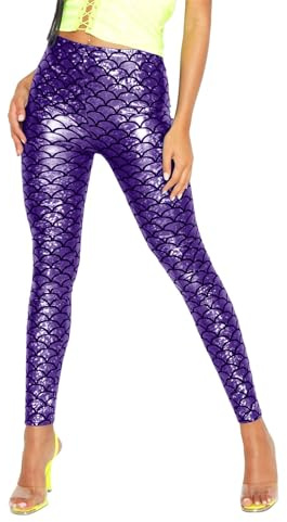FASHION 7STAR Ladies Fancy Dance Party Mermaid Metallic Legging Girls Stretchy Tight Disco Fish Scale Printed Full Length Leggings Pants Purple