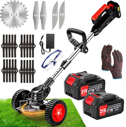 ZJS Akku Rasentrimmer Mit Akku 21V Elektrischer Akku Freischneider 4.0AH Akku-Batteriebetriebener Garten-Rasen-Unkraut-Trimmer Motorsense Akku Gartenkantenfräser mit 3 Arten Klingen für Garten,Hof