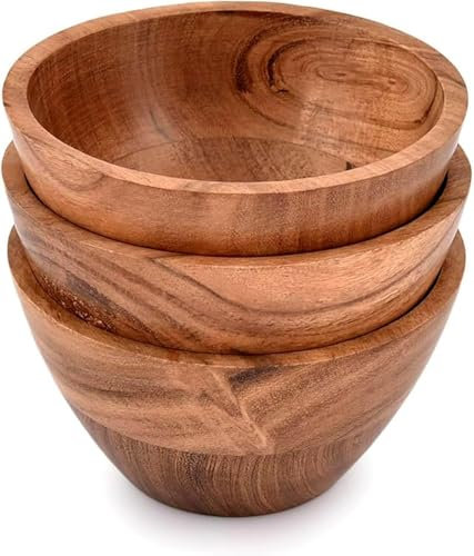 Mahasu Rustic Wooden Multifunctional Round Dinner Bowls (Set of 3, 12.7cm x 12.7cm x 6.98cm, 0.23kg Capacity Each)