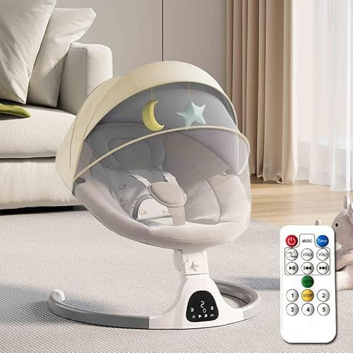 Bluetooth-Baby-Schaukel für Säuglinge, 5 Geschwindigkeit Musik-Lautsprecher mit 12 voreingestellten Schlaflieder, Fernbedienung Indoor-Baby-Wippe mit Touchscreen Stuhl für 0-9 Monaten (Khaki)