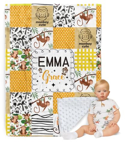 ZOTIMEF Personalisierte Babydecke - Individueller Name mit Tiermotiven Karo-Design - Patchwork Weiche Kuscheldecke mit Doppellagiger Gepunkteter Rückseite für Jungen Mädchen Geschenke Farbe15-Affe