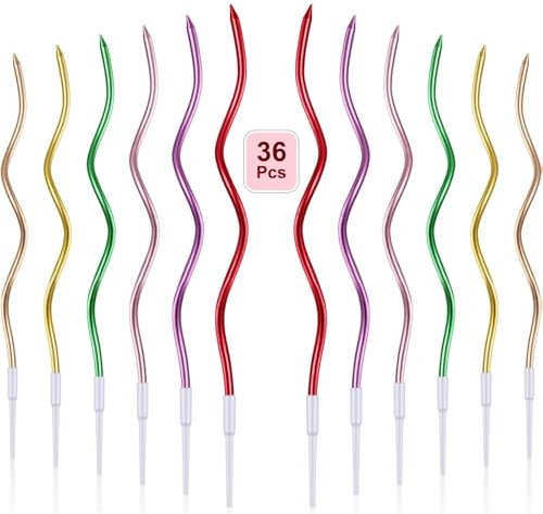 36 Stück Spiral Geburtstagskerzen mit Halter,Lange Dünne Kuchenkerzen,Metallische Kerzen für Torte,Party- und Hochzeitsdekoration,Wunderkerzen für Kinder (Farbe)