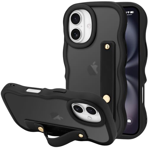 LLZ.COQUE for iPhone 16 Case, Curly Wave Frame with Adjustable Hand Strap Stand Phone Case, Translucent Matte Back Anti-scratch Shockproof Bumper Cover for iPhone 16, Black