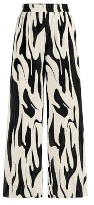PRETTYGARDEN High Waist Palazzo Flowy Pants for Women Dressy Petite Graphic Print Wide Leg Causal Pants Summer Beach (Black on Beige, XX-Large)