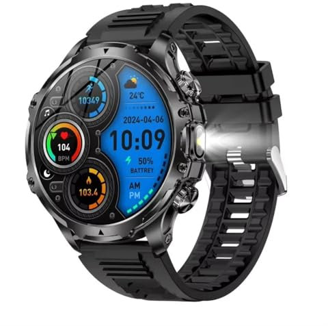 Ethelred AK75 - Reloj inteligente con linterna de 1.9 pulgadas, para hombres, deportes al aire libre, rastreador de fitness, batería grande, BT llamada, luz LED, reloj inteligente (silicona negra)