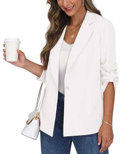 PrinStory Blazer dam kontor långblazer, justerbara ärmar, kavaj, kavaj, sportig, elegant jack, Vit, 40