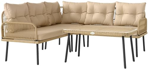 Outsunny Salon de Jardin extérieur en résine tressée 5 Places, canapés 2 Places, Chaise d'angle, Table en Verre trempé et Coussins Inclus, mobilier de Jardin pour terrasse Balcon, Effet Bois Naturel