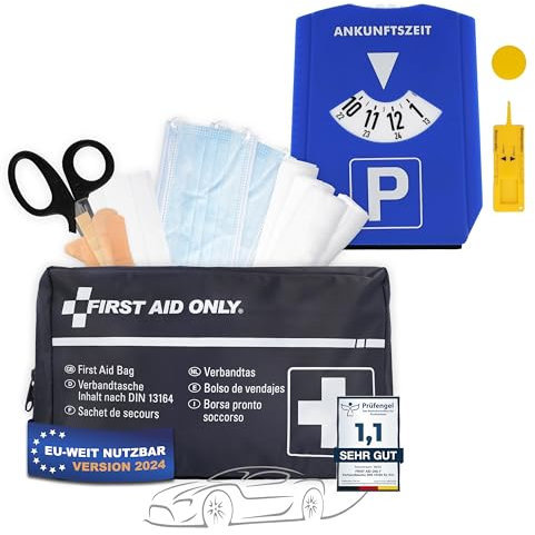 First Aid Only Kfz Verbandtasche DIN 13164 inkl. 5-in-1 Parkscheibe | Auto Verbandskasten als Erste Hilfe Set für HU (StVO-konform) | Notfalltasche für Auto und Motorrad | P-10019