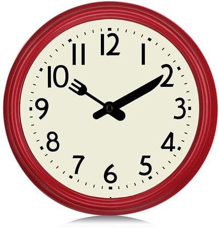 Lafocuse 24cm Reloj Cocina Pared Silencioso Vintage, Rojo Reloj Cocina con Agujas en Forma de Tenedor y Cuchillo, Diseño Clasico Decoracion para Restaurante Comedor Sala
