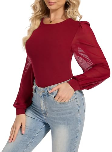 SHAPERIN Body Femme Manches Longues Bouffantes Décontracté Body à Col Rond Elegant Blouse Body, Rouge Vin, XXL