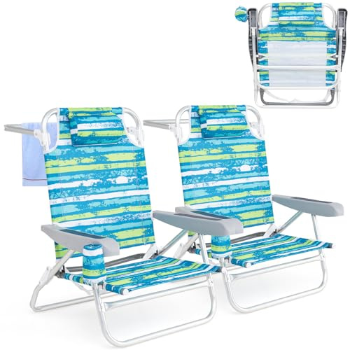 KOMFOTTEU Set di 2 Sedie da Spiaggia Pieghevoli, Spiaggina con Schienale Regolabile in 5 Posizioni, Sdraio Mare con Portabicchieri e Portaasciugamani, Lettino Prendisole per Campeggio, Picnic (Verde)