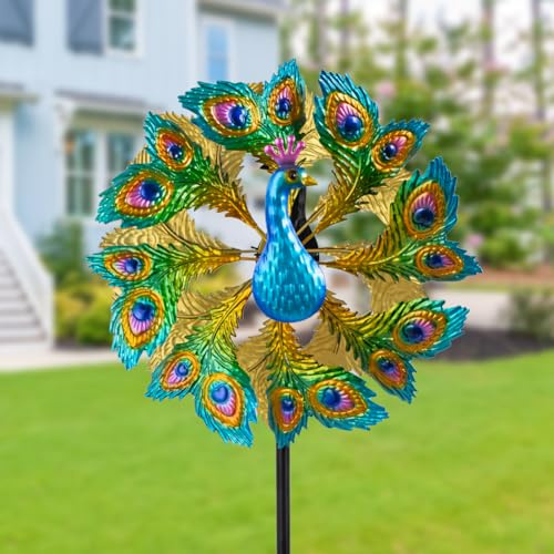 SUNNYGARDEN Wind Spinners Outdoor Peacock, 63 Inch Double-Sided Garden Windmill for Yard with 8 Green Feather Blades, Large Metal Garden Wind Spinner