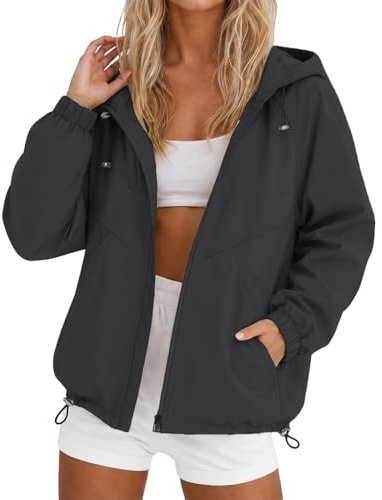 Lightweight Waterproof Jacket Womens Rain Coats for Women Summer Long Sleeve Full Zip Raincoat with Hooded Breathable Windbreaker Softshell Jackets with Pockets for Hiking Walking Cycling Outwear