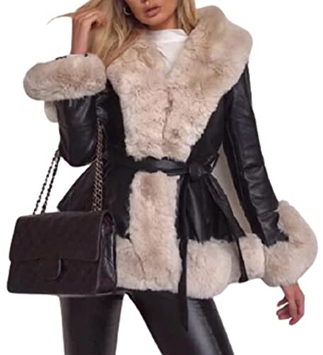 WHZXYDN, Piel SintéTica PU Cuello De Piel Grande Corbata Cintura Cortavientos Costura Chaqueta Delgada De Manga Larga Mujeres, Black And White, S