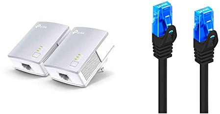 TP-Link TL-PA4010 Kit Powerline, AV600 Mbps Su Powerline, 1 Porta Ethernet, Plug And Play, Bianco & Ewent EW-5U-020BL Cavo di Rete, Patch CAT 5e U/UTP, AWG 26/7, 2 Connettori RJ86, Nero, 2 m, 1 Pezzo