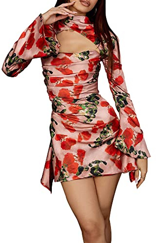 YUDATPG Traditional Chinese Cheongsam Women Sexy Club Dress Long Floral Flared Sleeves Mini Short Cocktail Club Evening Dress (Red, M)