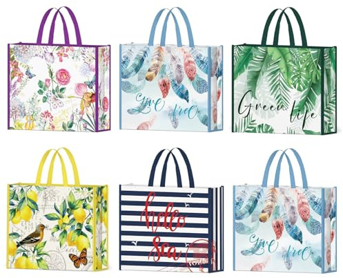 NymphFable 6 Pack Shopping Bags Reusable Grocery Tote Bags 50LBS Recycling Non-woven Bags-6 Styles