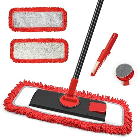 JHHONN Bodenwischer Wischmopp mit Mikrofaser & Chenille Pads, 127 cm Teleskopstiel Wischer Boden für Hartholz Laminat Fliesen Vinyl Küche Bad Haus (Rot)