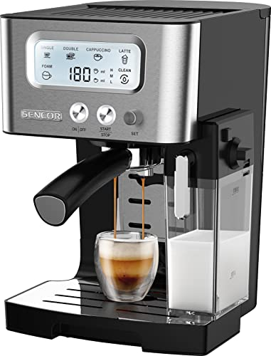 SENCOR Machine Expresso avec Mousseur et Réservoir à lait, Ecran LCD, Pompe italienne 15 bars, Préchauffage rapide, Thermoblock, Barista Express, Café en poudre ou en dosettes [4090SS]