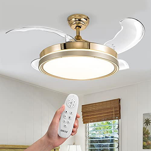 BAKAJI Ventilatore Lampadario da Soffitto Ø106cm in Acciaio e 4 Pale in ABS richiudibili a scomparsa, Plafoniera 36W LED cambio colore, 3 Velocità e Inversione Rotazione, Timer e Telecomando (Bronzo)