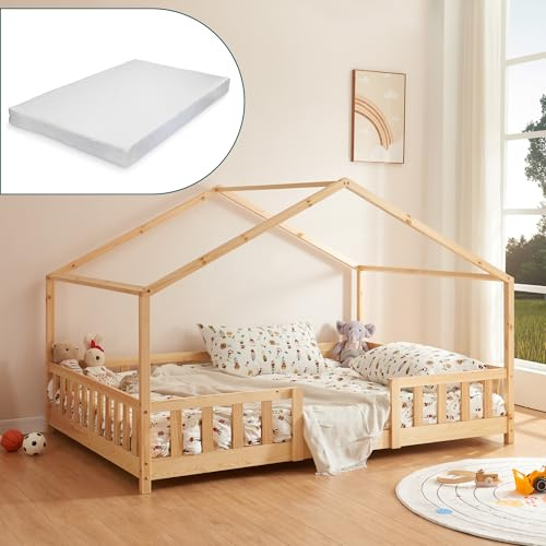 [en.casa] Lit d'enfant Cabane Treviolo 140 x 200 cm Lit Montessori en Forme de Maison avec Matelas Bois de Pin Naturel