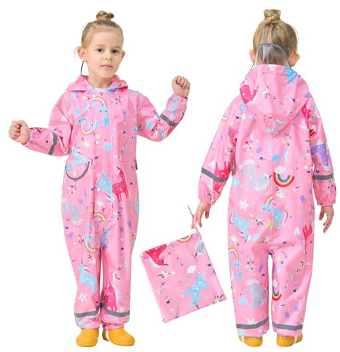 FILOWA Impermeable Chubasquero Niñas Lluvia con Capucha Portátil Chaquetas Lluvia Reutilizable Encapuchado Mono Traje Ligero Impermeables para Infantil Bebé 3-5 Años, Rosa Unicornio