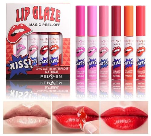 6 piezas de labios para manchas de piel de color mate, tinte labio mágico mancha de larga duración de los labios despegar colores sexy, antiadherente corte despegar lápiz labial maquillaje para