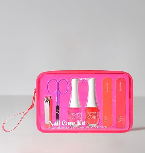 Beter - Set de Cuidado de Uñas Nail Care, Set de 4 Piezas(Fortalecedor e Iluminador, Sérum Hidratante, 2 Limas Fibra de Vidrio, Tijera de Uñas y Pieles)+Neceser, Perfecto para regalo, Kit Manicura
