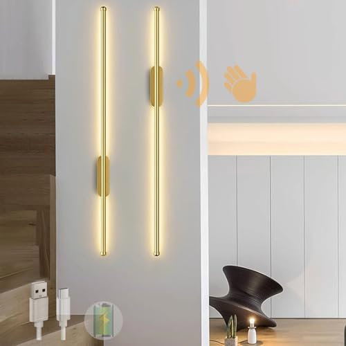 TZSMUM USB-uppladdningsbar vägglampa med handsensor, LED-väggbelysning inomhus, 3 färgtemperaturer, vägglampa 3 000/4 000/6 000K, modern sänglampa (guld varmt ljus, 120 cm)