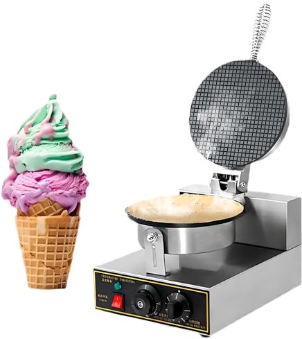 HFFKOS 1200W Commercial Electric Ice Cream Cone Maker - Stainless Steel Waffle Cone Machine with Non-Stick Teflon Coating, Temp Time Control for Restaurants and Bakeries A