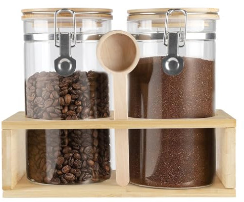 Gzsekken Glass Coffee Bean Storage Jar,2×1.2L Coffee Sugar Container with Shelf & Spoon,Airtight Coffee Bean Canisters Caddy Station Bar Accessories Kitchen Food Storage for Ground Herbal,Tea, Sugar