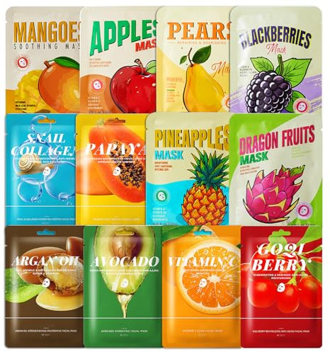 12 pack Hydrating Face Masks, Daily Care Face Sheet Mask, Beauty Care Masks, Hydrating & Nourishing, Soothing & Hydration for Dehydrated, Dull and Tired Skin