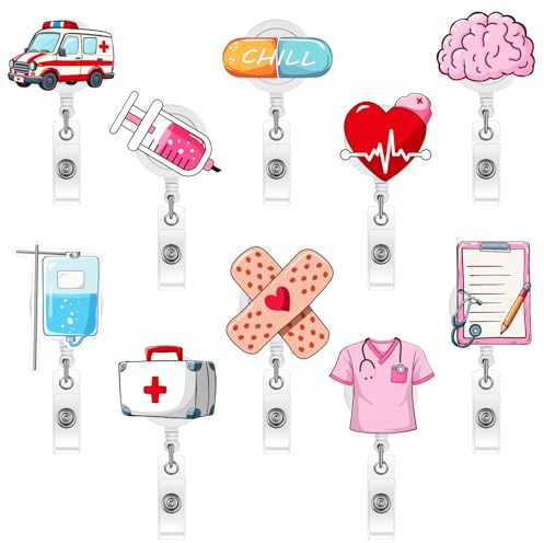 BOUBONI 10 Pcs Funny Nurse Badge Reel Cute Retractable Badge Holders for Doctor Nurses Student Office Supplies