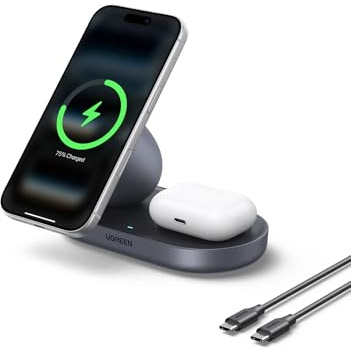 UGREEN Zapix Qi2 Certitied 15W MagSafe Charger Compatible, 2-in-1 Wireless Charger Stand Magnetic Charging Station Compatible with iPhone 17/16/15/14/13/12, AirPods 4/3/2/Pro 3/2-Grey