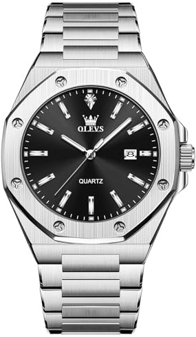 OLEVS Herrenuhr Silber Edelstahl Modern Leuchtende Uhren Herren Schwarz Zifferblatt Quarz Groß Analog Armbanduhr Herren mit Datumsanzeige Business Kleid Wasserdicht Uhren für Männer Metallarmband