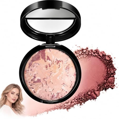 Powder Foundation, Baked Foundation for Mature Skin, Marbled Face Compact | Multi-tone beige, pink and rose pressed powder with built-in mirror for daily makeup and convenient touch-ups