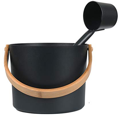 XIHUADOU Sauna Bucket and Ladle Set, 1.85 Gallons (7L) Large Aluminum Sauna Bucket with Long Wooden Handle Spoon, SPA Shower Accessories, Saunas Accessories Set for Home Saunas (Color:Black)