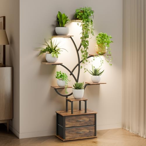 Mondeer Support de Plantes d'Intérieur avec Lumières de Croissance, Étagère d'Angle 9 Niveaux 160 cm avec 2 Tiroirs de Rangement, Luminosité Réglable & Minuterie, Présentoir Moderne pour Plantes - Sal